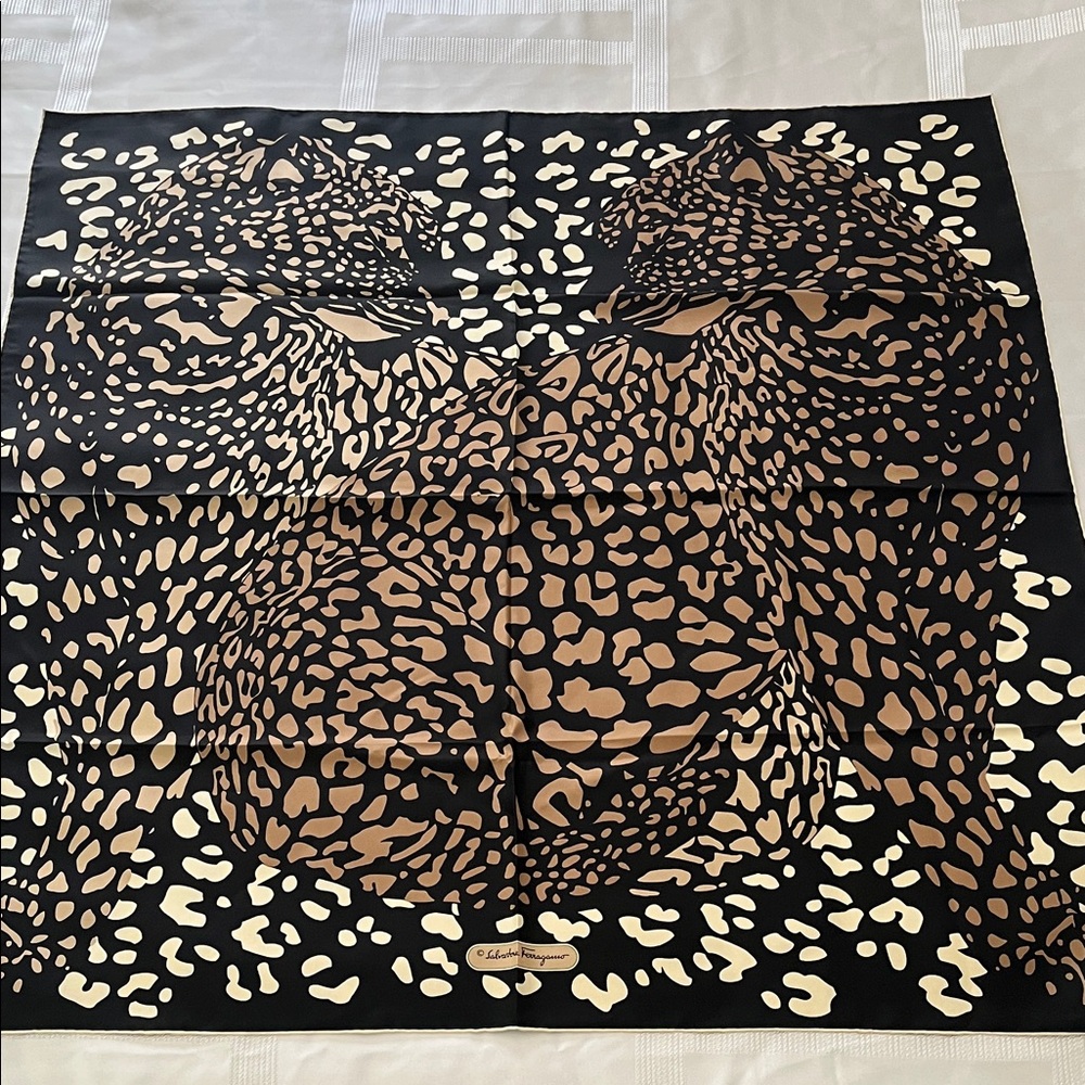 Salvatore Ferragamo Black and Tan 100% Silk Scarf